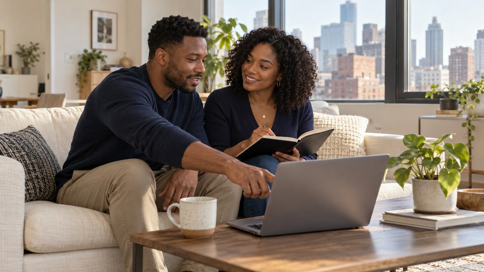 A couple discusses a home search with a notebook and laptop.