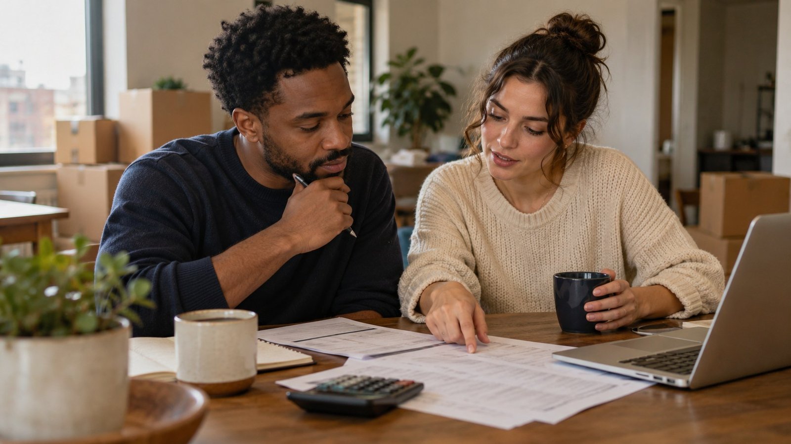 Two adults compare a housing worksheet beside a laptop and calculator.