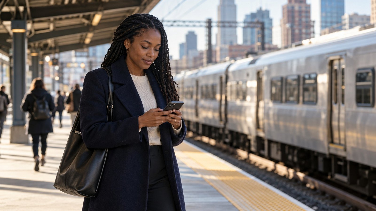 A commuter checks her phone beside a silver train on an urban platform.