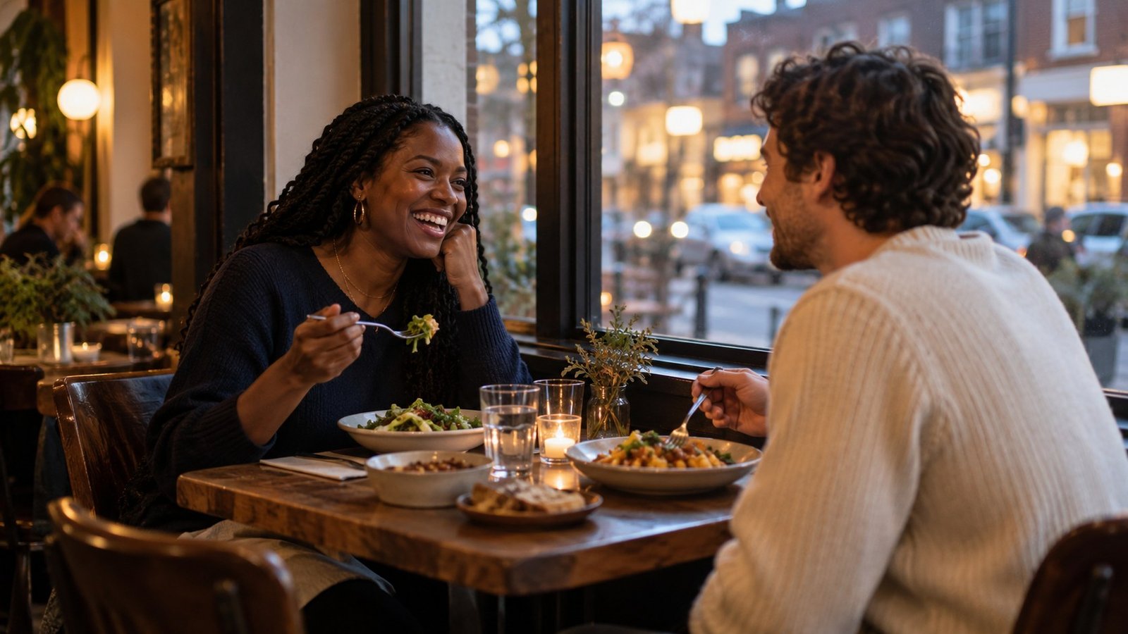 Two friends share a meal at a neighborhood restaurant table.