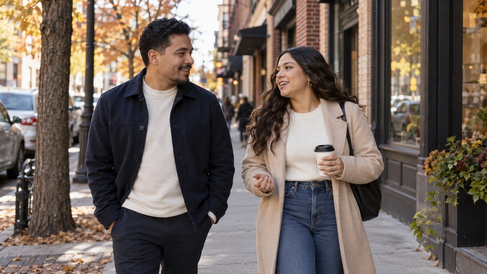 A couple walks together along a city sidewalk with coffee.