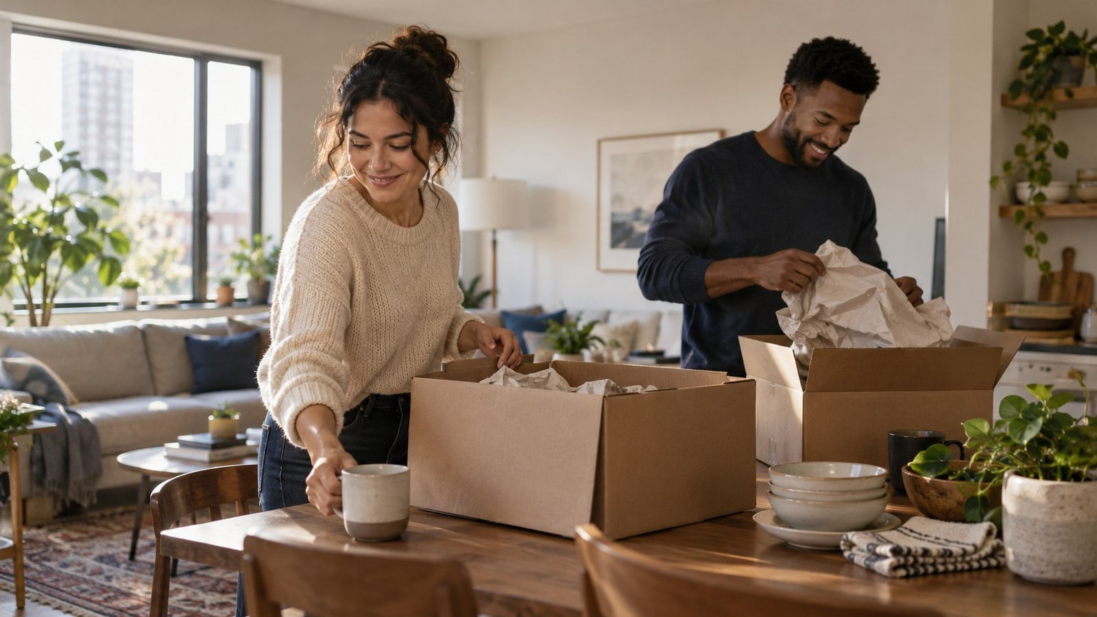 Two adults unpack moving boxes in a bright apartment.