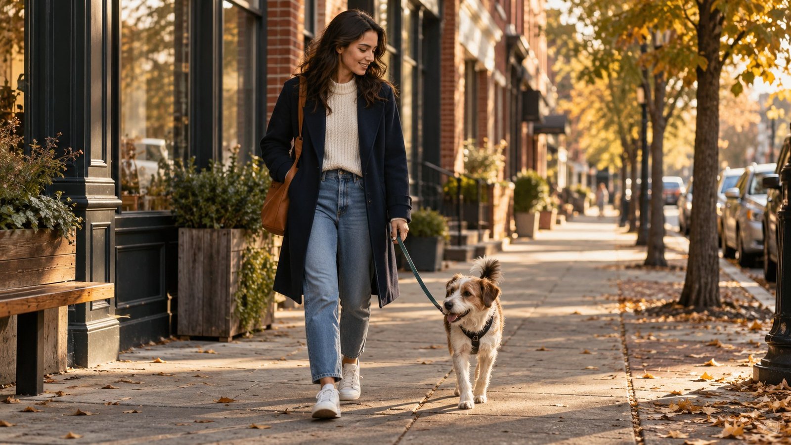 A person walks a dog along a tree lined city sidewalk.