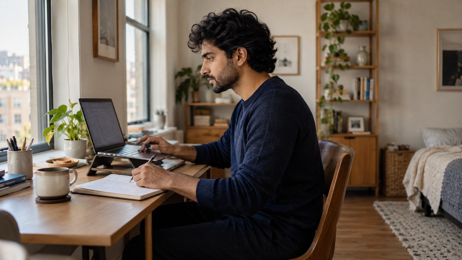 A person works at a compact desk beside a bright apartment window.